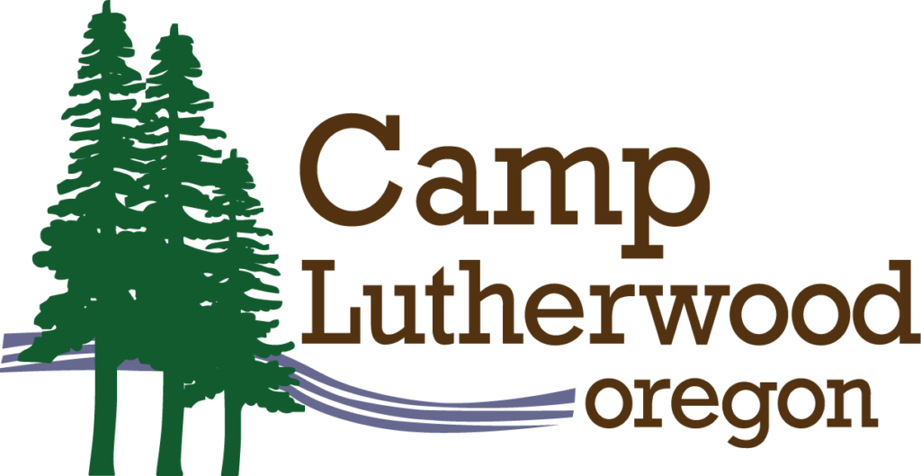 Camp Lutherwood Oregon logo with fir trees and wavy bue lines